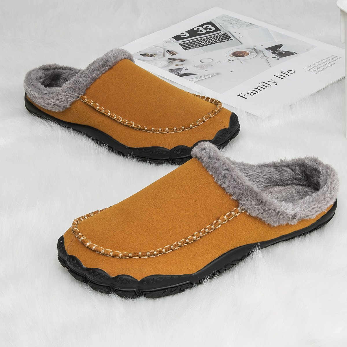 Men's Comfort Winter Warm Fleece Lined Casual Slippers Waterproof Indoor Outdoor Non-slip House Shoes