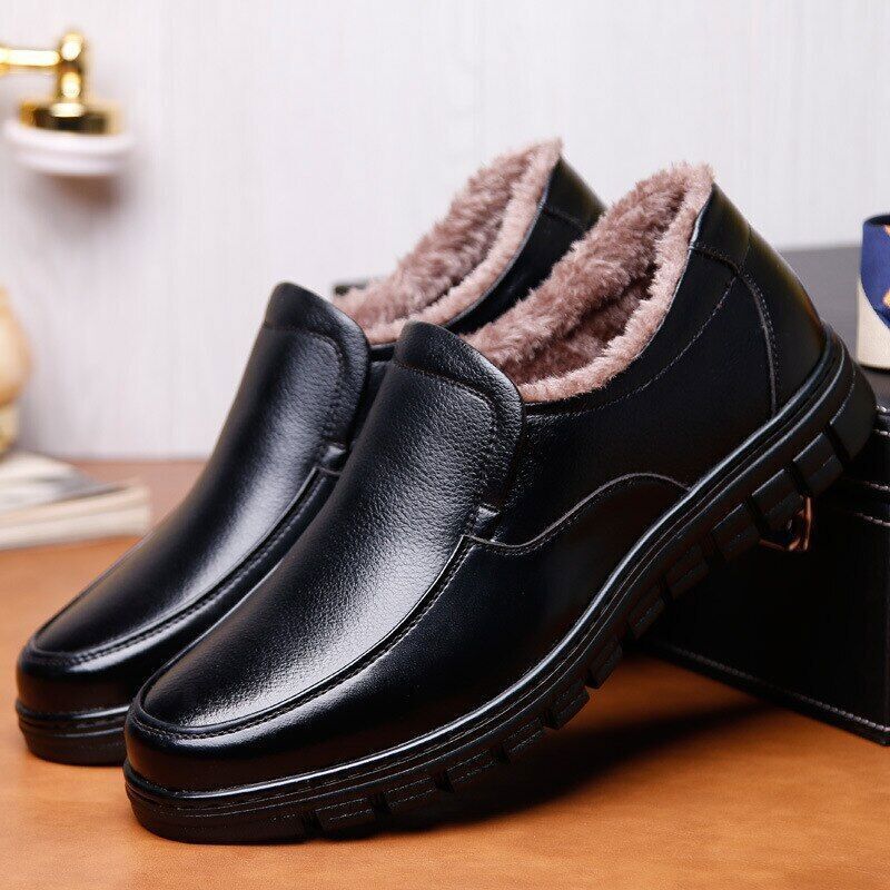 Men's Genuine Leather Slip-on Warm Winter Plush Soft Insole Casual Business Shoes