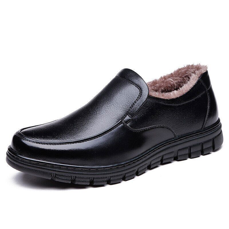 Men's Genuine Leather Slip-on Warm Winter Plush Soft Insole Casual Business Shoes