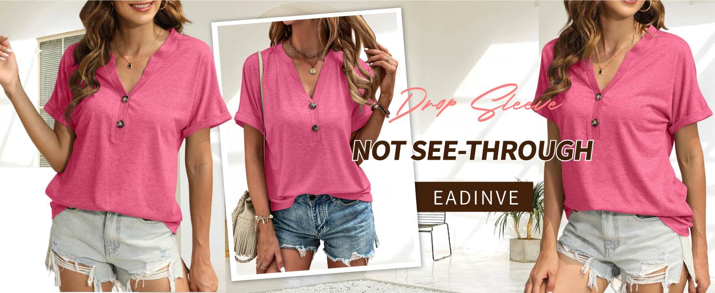 女式 T 恤 V 领短袖纽扣上衣纯色宽松衬衫