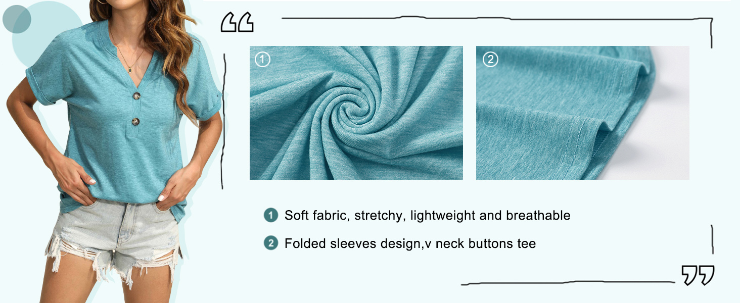 Womens Tshirts V Neck Short Sleeve Buttons Tops Tee Solid Color Blouse Loose Fit