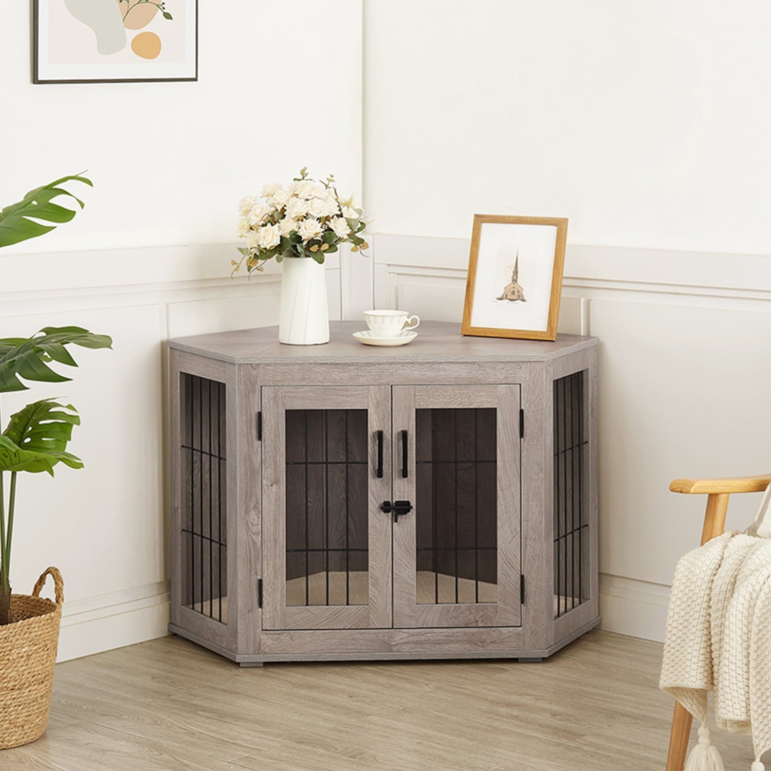 View of Unipaws Corner Dog Crate Furniture, Wooden Dog Kennel for Dogs Puppy,