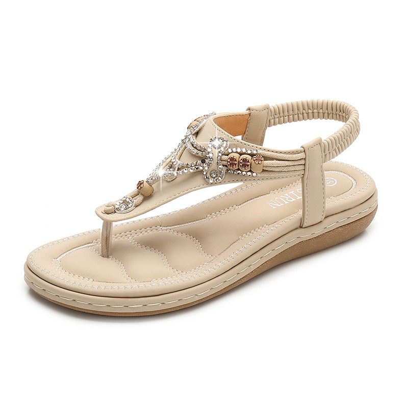 Women Fashion Crystal Bead Flat Sandals