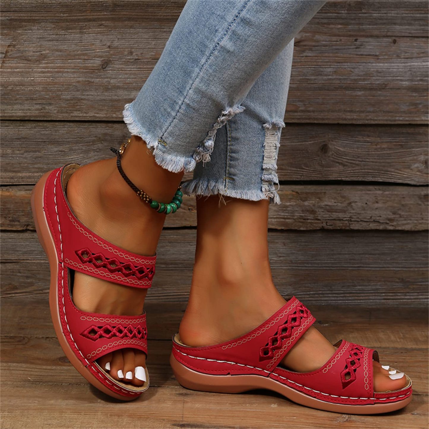 Leather Embroidery Arch-Support Women Soft footbed Sandals