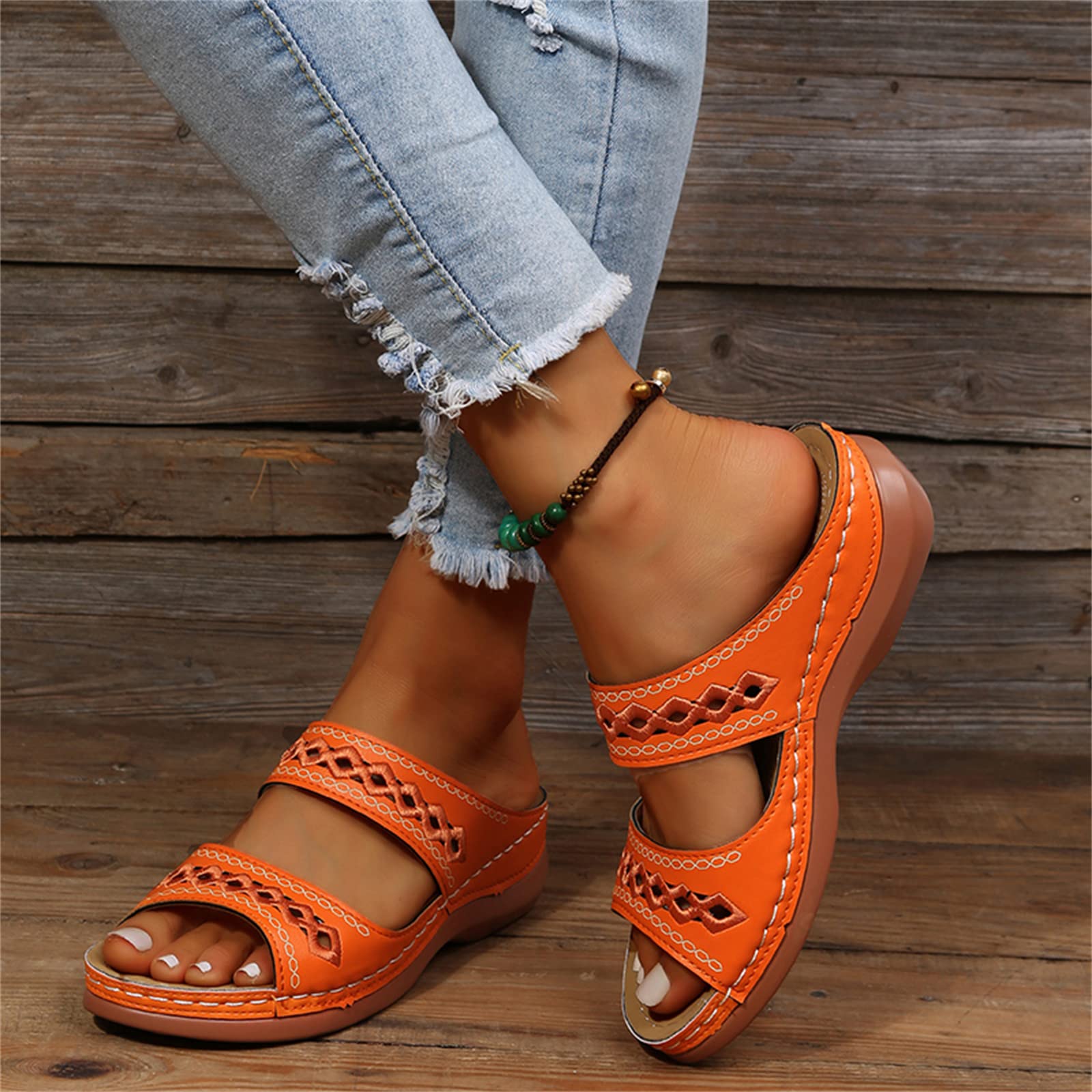 Leather Embroidery Arch-Support Women Soft footbed Sandals
