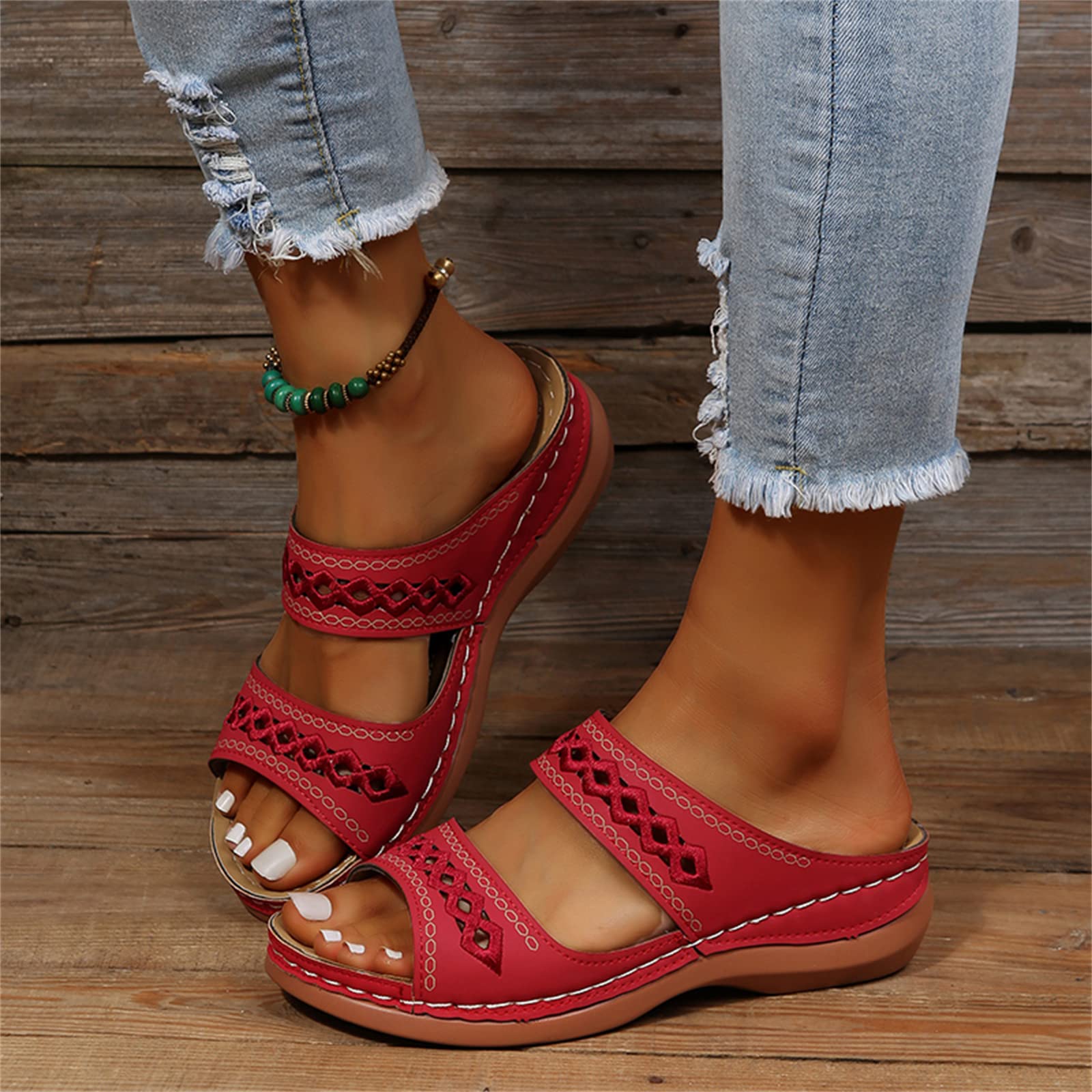 Leather Embroidery Arch-Support Women Soft footbed Sandals