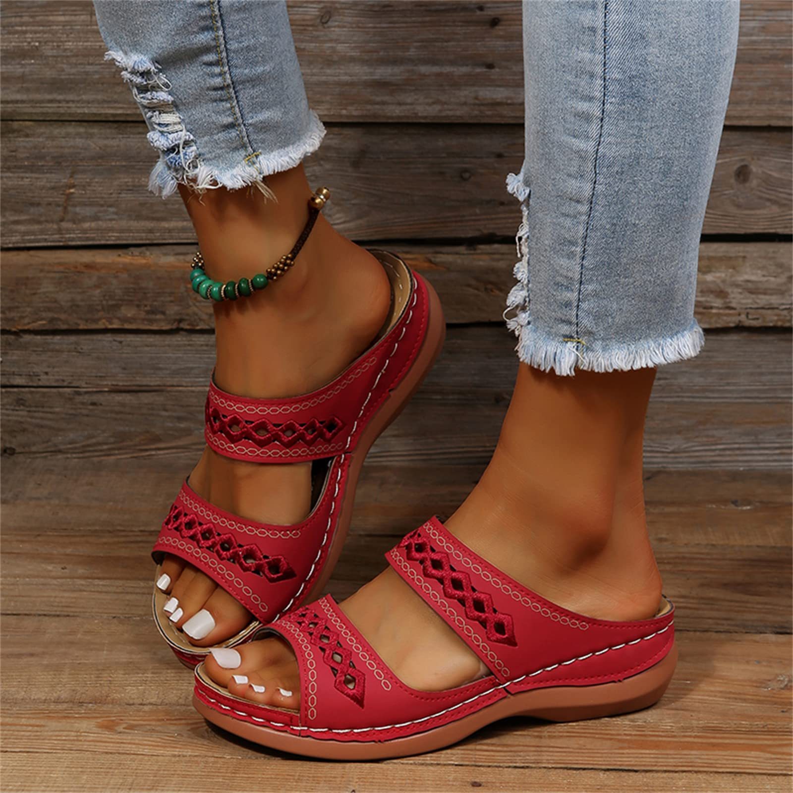 Leather Embroidery Arch-Support Women Soft footbed Sandals