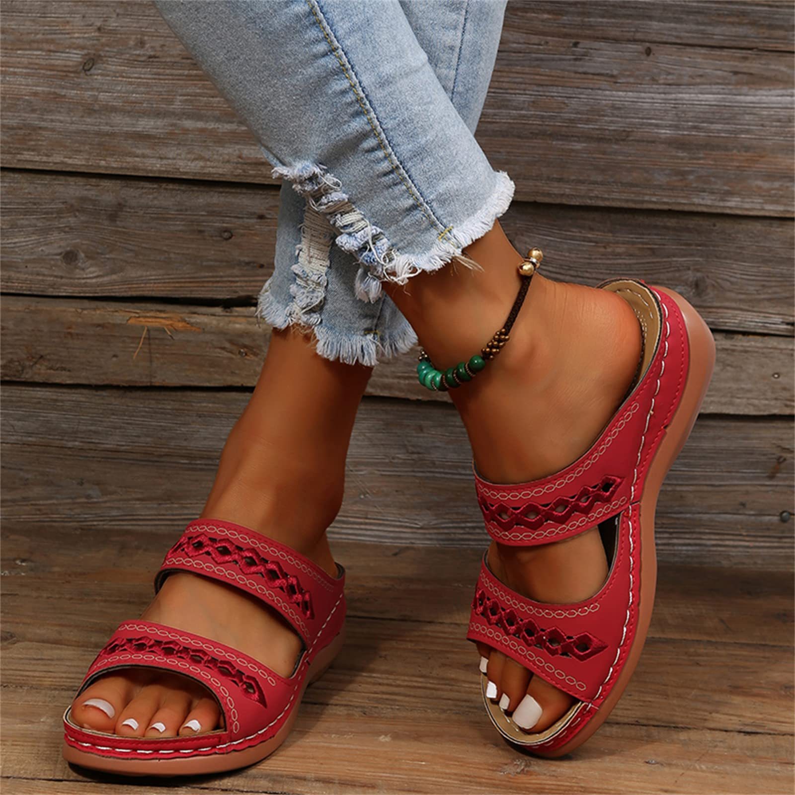 Leather Embroidery Arch-Support Women Soft footbed Sandals