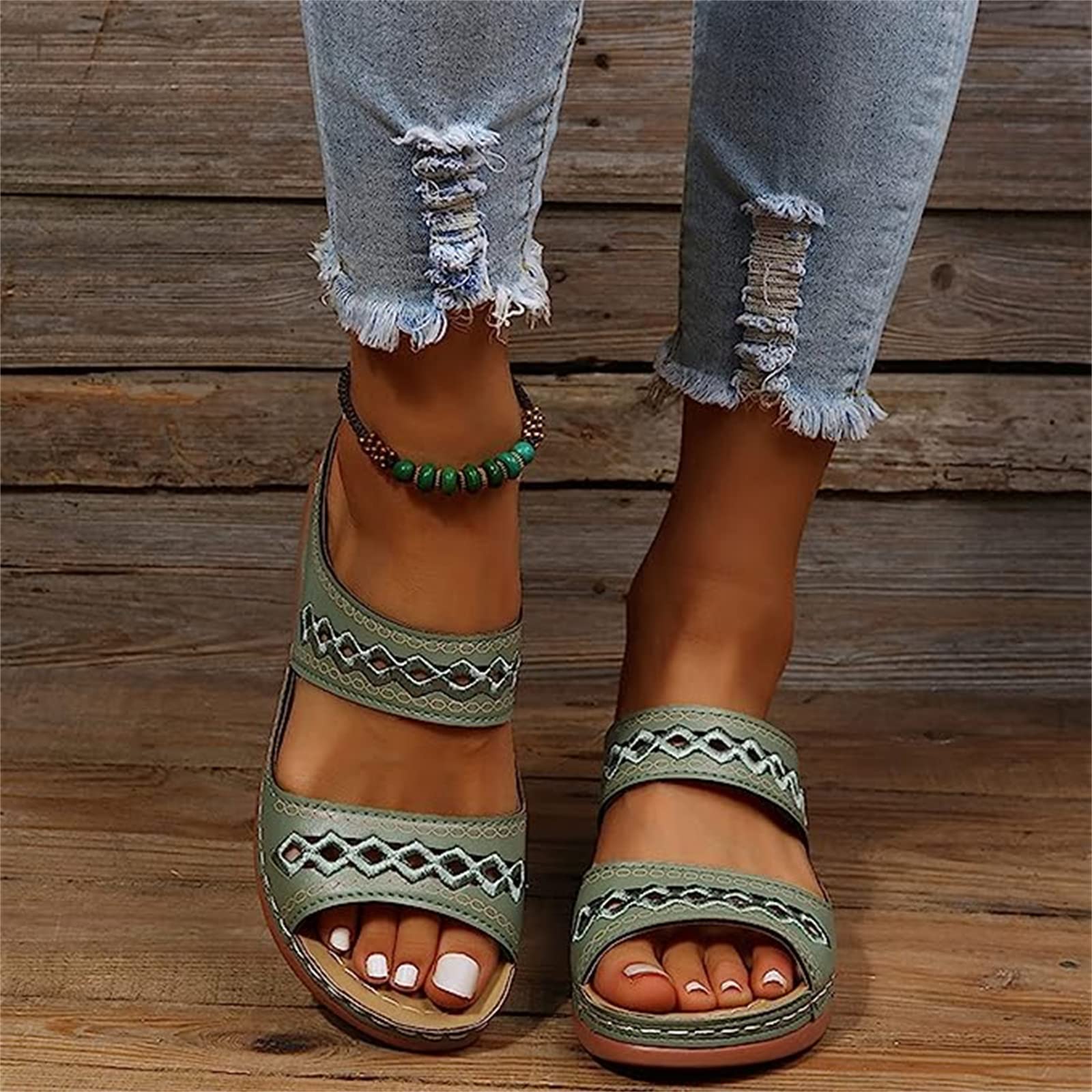 Leather Embroidery Arch-Support Women Soft footbed Sandals