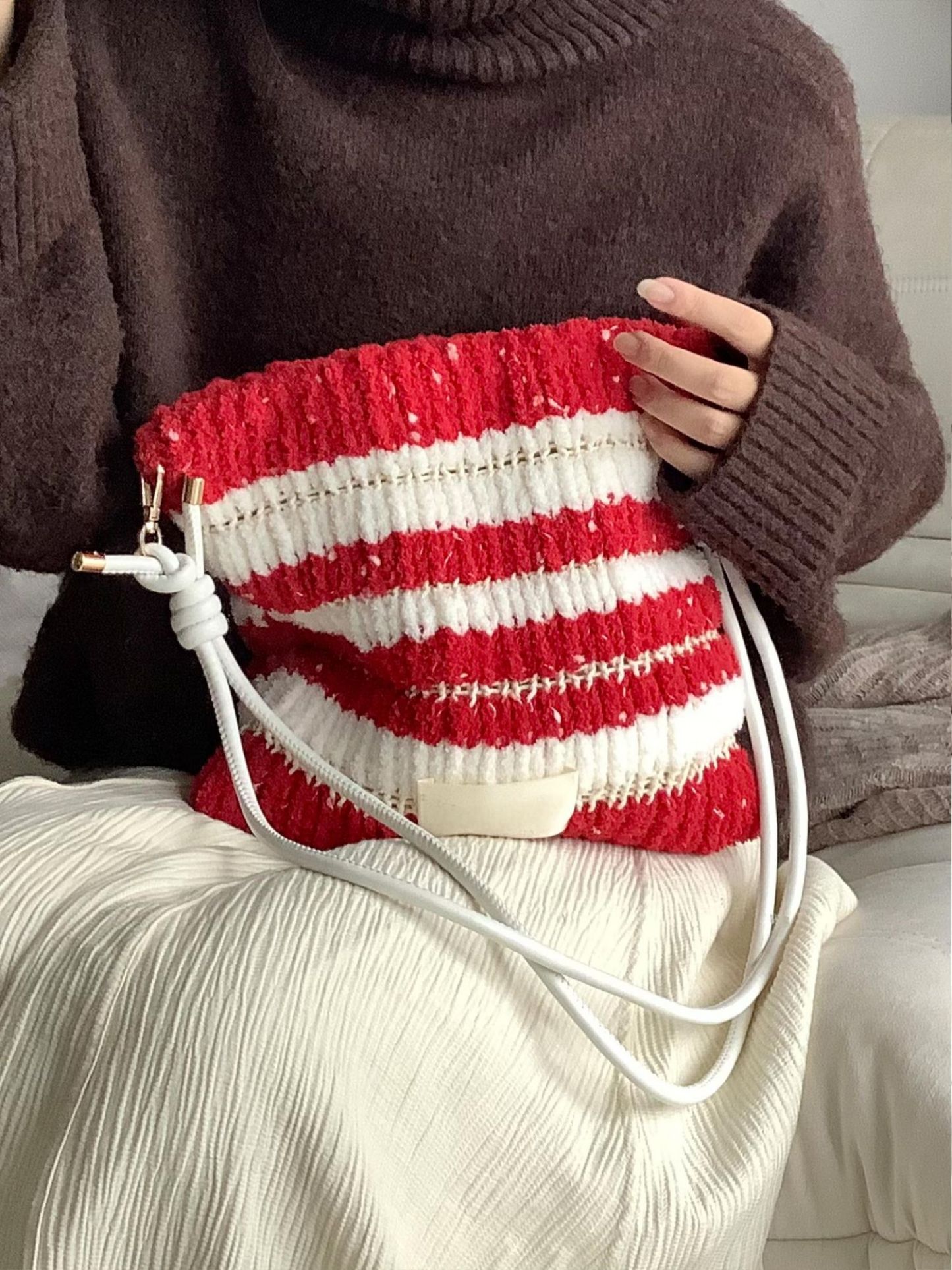 Fleece color matching bag DIY material bag shoulder crossbody soft handwoven bag autumn and winter gift original-HOOKSTH