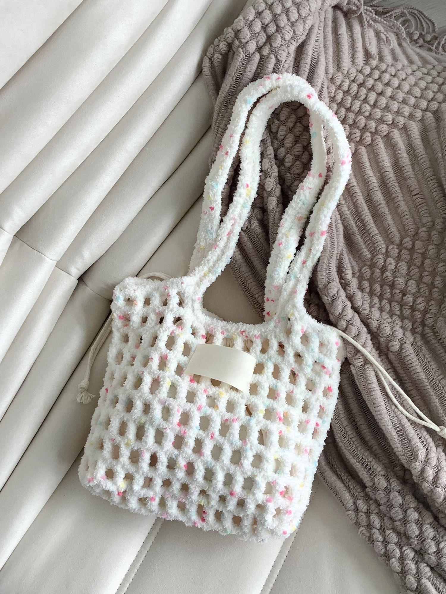Hand Mixed Thread Hollow Jelly Bean Bag DIY Material Bag Handheld Shoulder Bag Crocheted Handmade Gift Dopamine Color-HOOKSTH
