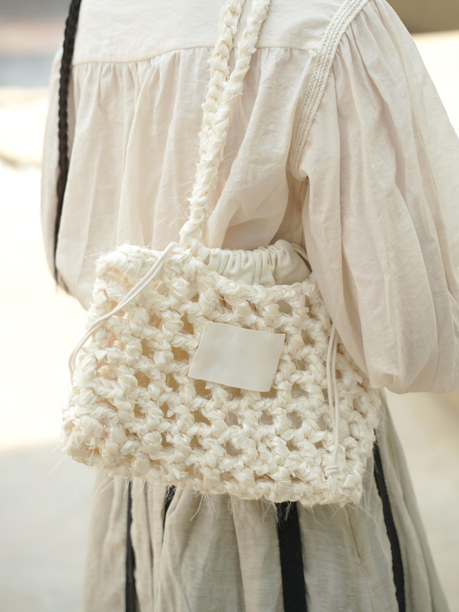 Hand Mixed Thread Hollow Ribbon Bag DIY Material Bag One Shoulder Knitting Crocheted Handmade Gift Beige Original-HOOKSTH