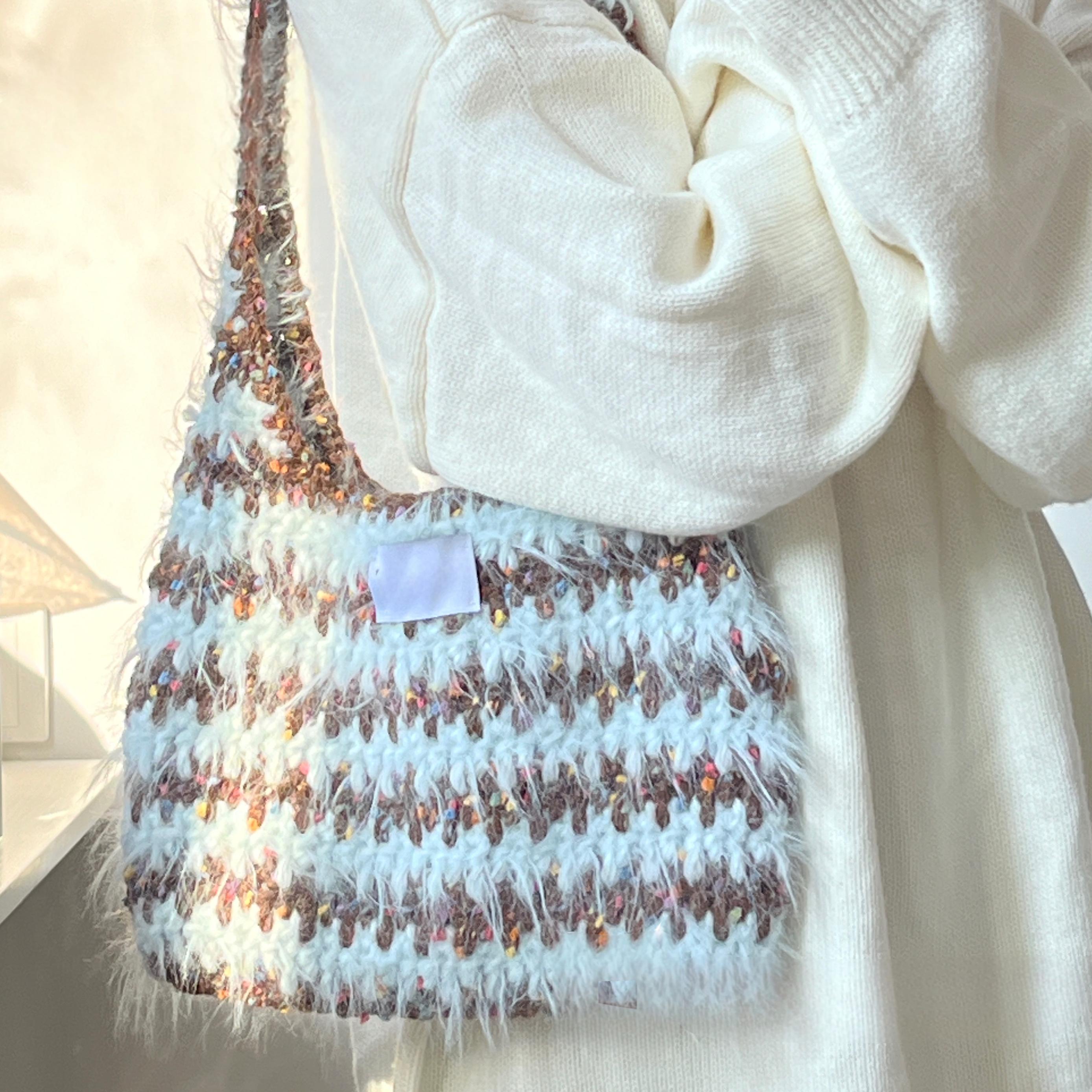 Hand mixed thread color matching striped armpit bag DIY material bag handmade crochet gift girlfriend new year christmas valentine's day-HOOKSTH