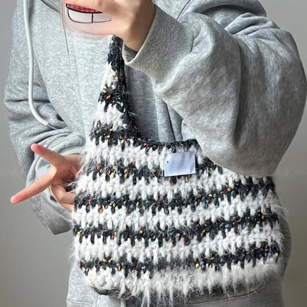 Hand mixed thread color matching striped armpit bag DIY material bag handmade crochet gift girlfriend new year christmas valentine's day-HOOKSTH