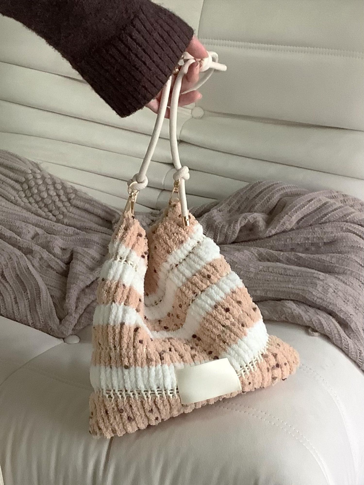 Fleece color matching bag DIY material bag shoulder crossbody soft handwoven bag autumn and winter gift original-HOOKSTH