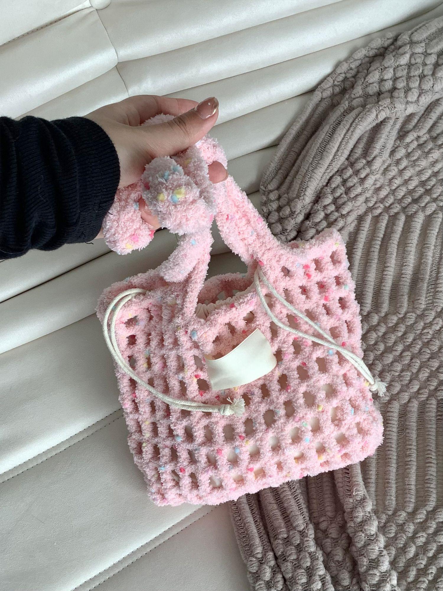 Hand Mixed Thread Hollow Jelly Bean Bag DIY Material Bag Handheld Shoulder Bag Crocheted Handmade Gift Dopamine Color-HOOKSTH