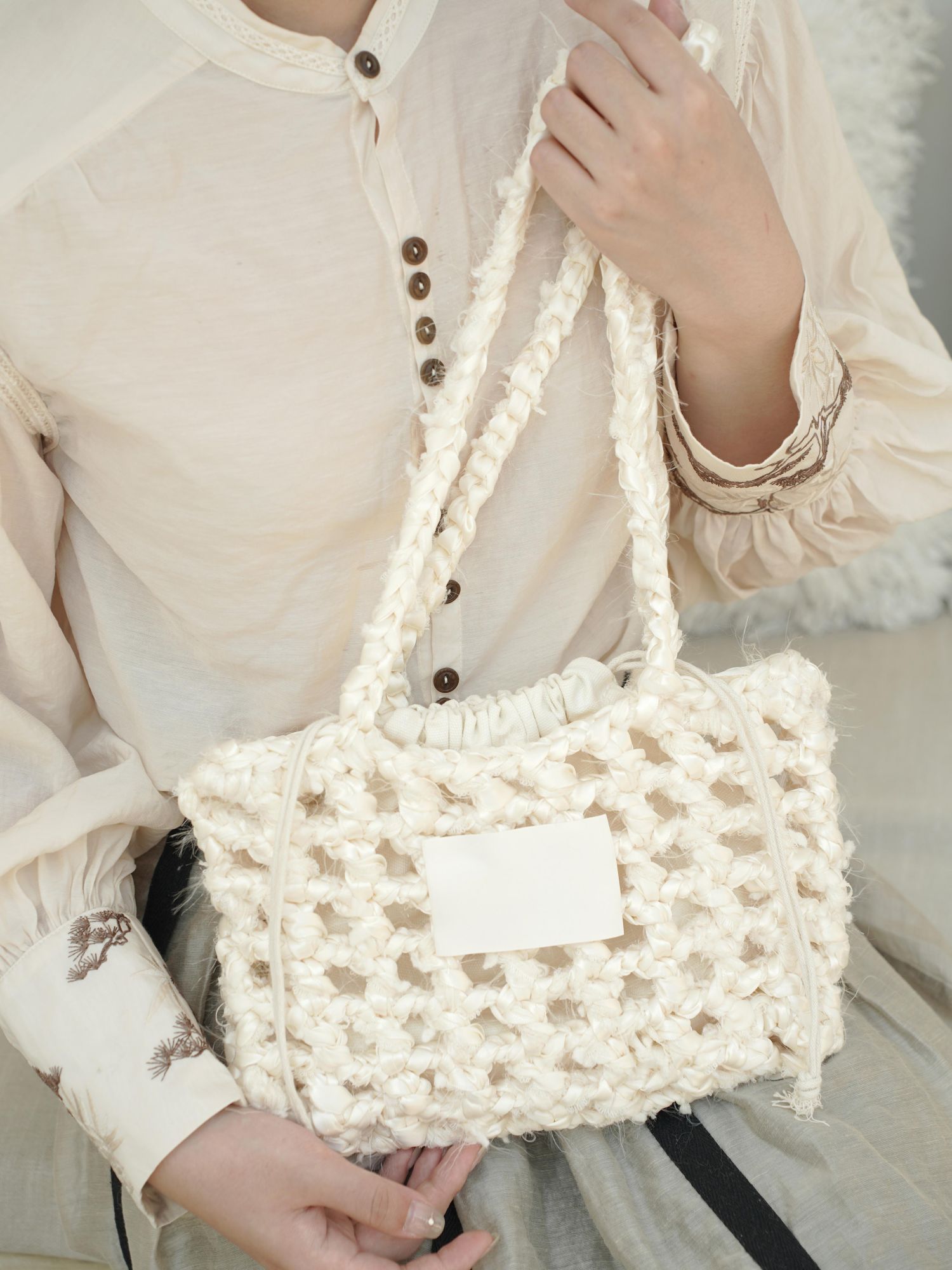 Hand Mixed Thread Hollow Ribbon Bag DIY Material Bag One Shoulder Knitting Crocheted Handmade Gift Beige Original-HOOKSTH