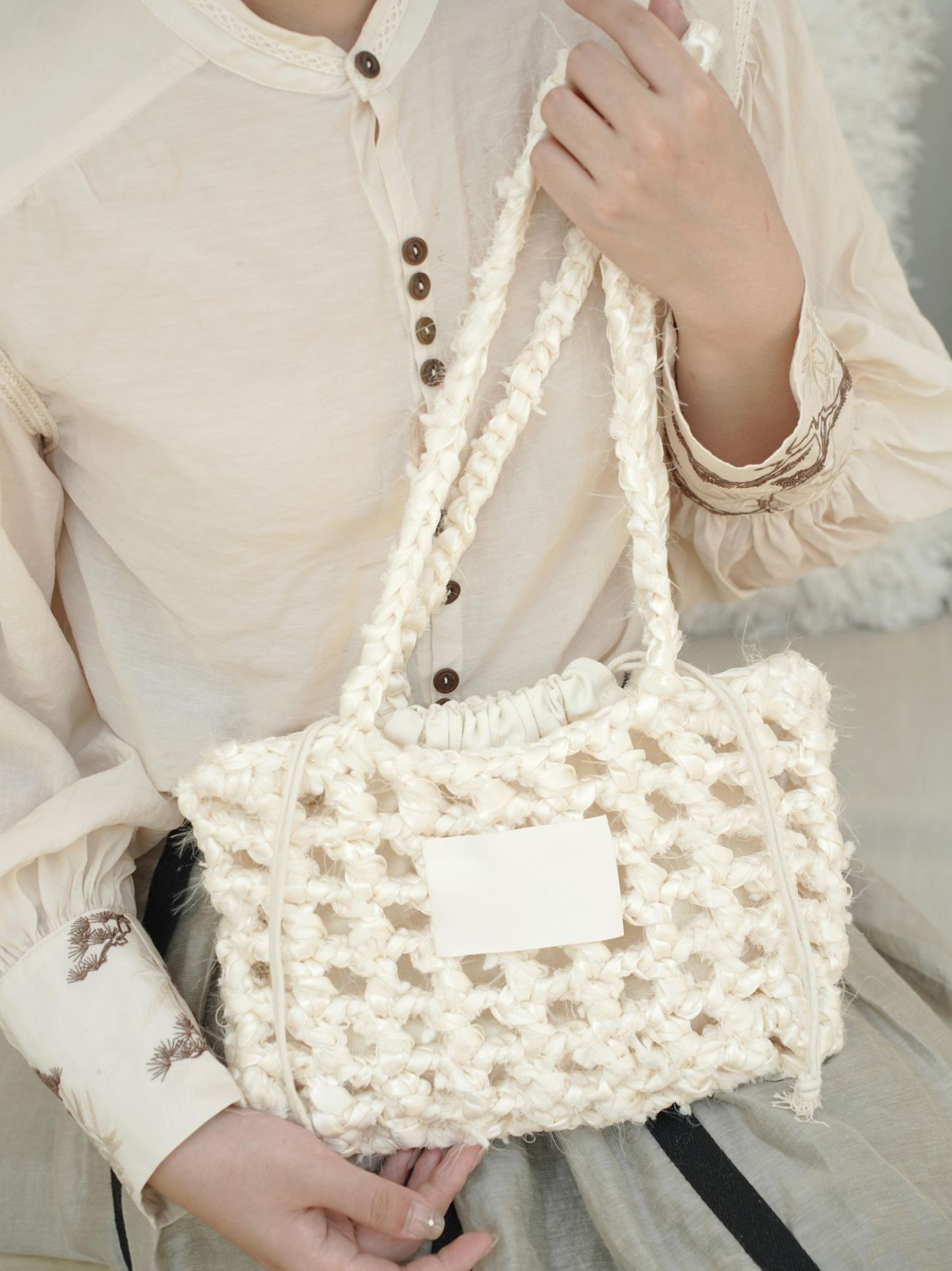 Hand Mixed Thread Hollow Ribbon Bag DIY Material Bag One Shoulder Knitting Crocheted Handmade Gift Beige Original-HOOKSTH