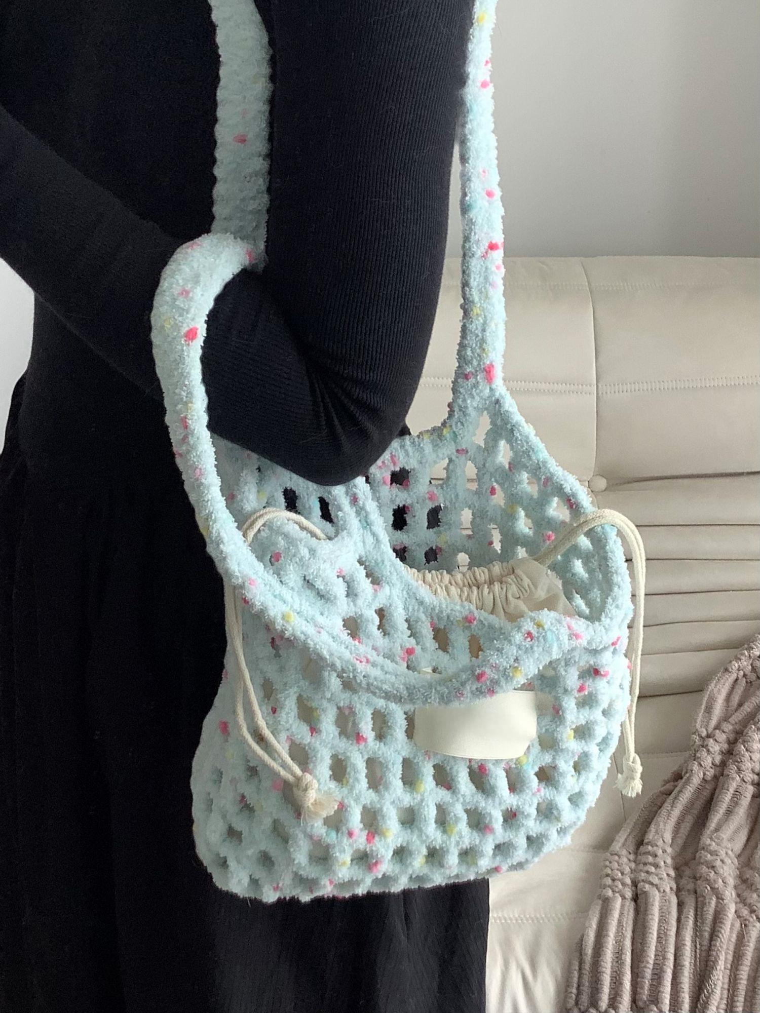 Hand Mixed Thread Hollow Jelly Bean Bag DIY Material Bag Handheld Shoulder Bag Crocheted Handmade Gift Dopamine Color-HOOKSTH