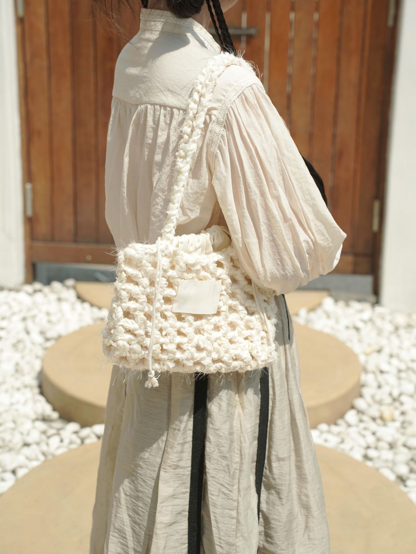 Hand Mixed Thread Hollow Ribbon Bag DIY Material Bag One Shoulder Knitting Crocheted Handmade Gift Beige Original-HOOKSTH