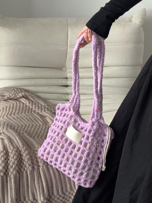 Hand Mixed Thread Hollow Jelly Bean Bag DIY Material Bag Handheld Shoulder Bag Crocheted Handmade Gift Dopamine Color-HOOKSTH
