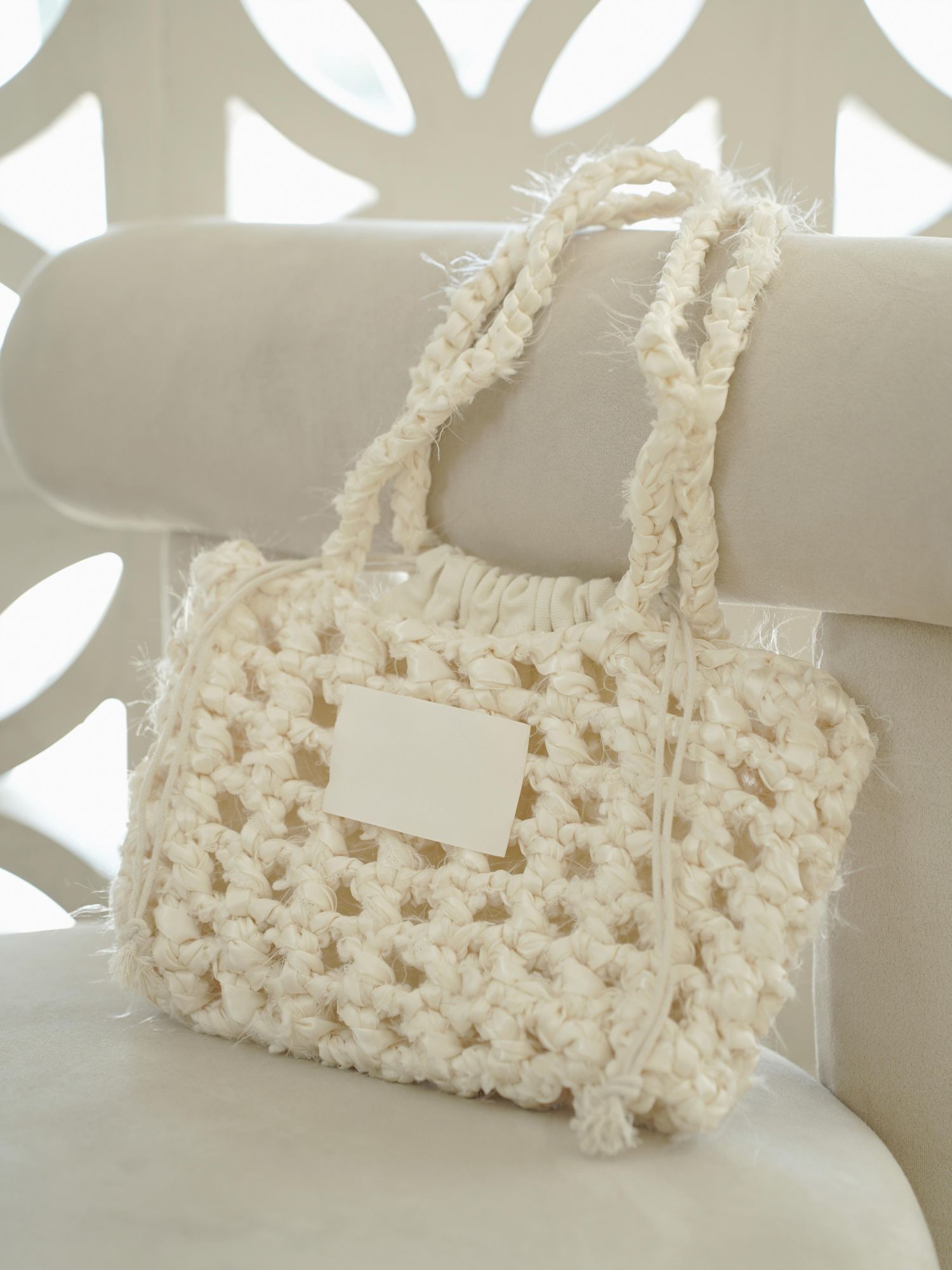 Hand Mixed Thread Hollow Ribbon Bag DIY Material Bag One Shoulder Knitting Crocheted Handmade Gift Beige Original-HOOKSTH