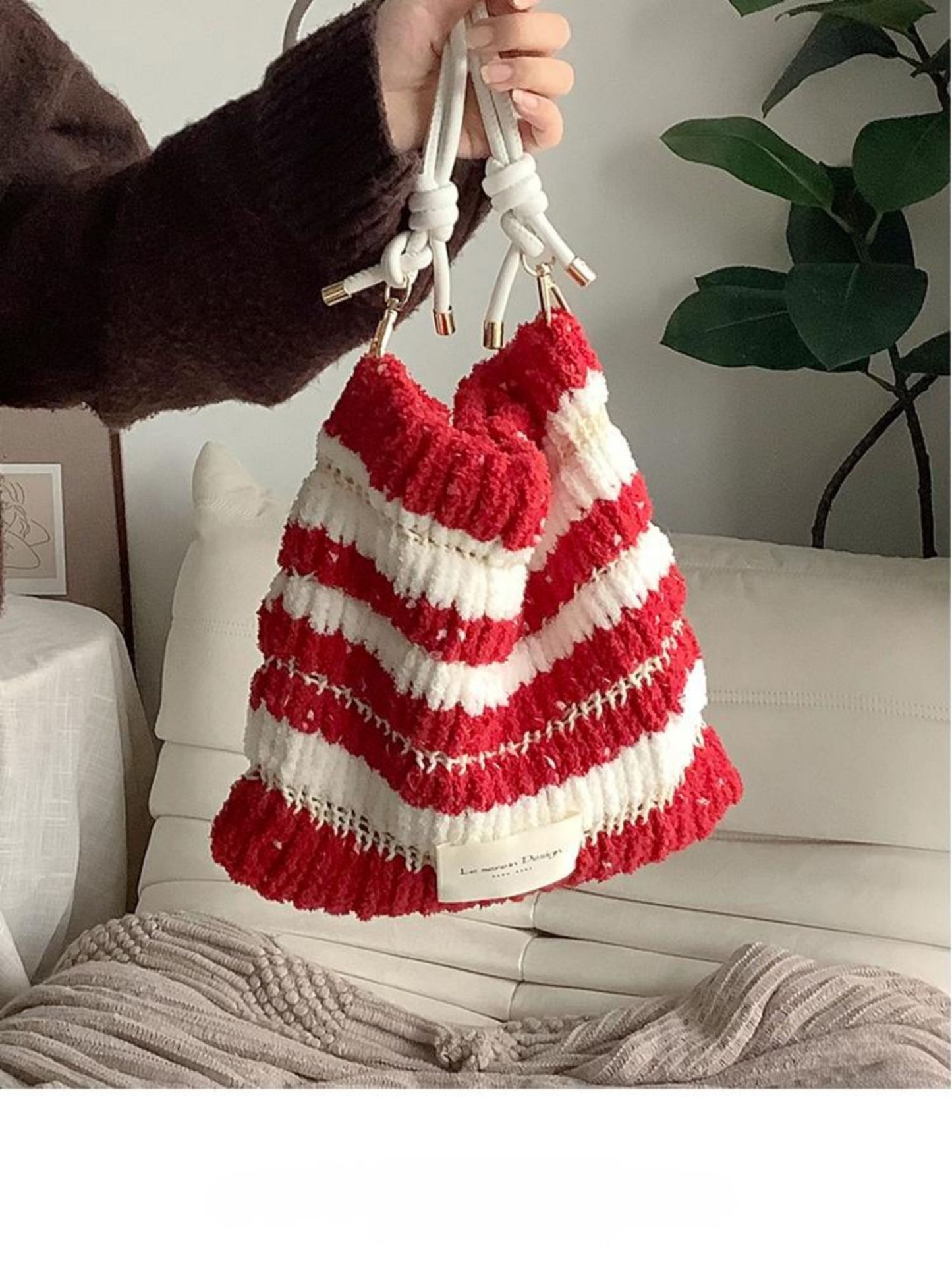 Fleece color matching bag DIY material bag shoulder crossbody soft handwoven bag autumn and winter gift original-HOOKSTH