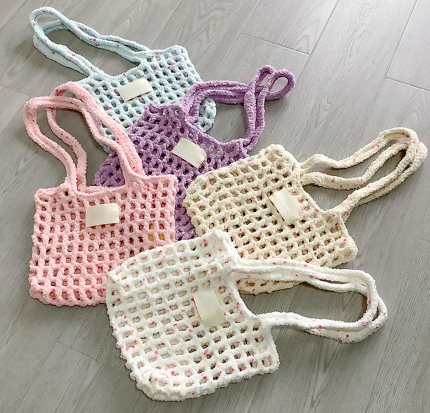 Hand Mixed Thread Hollow Jelly Bean Bag DIY Material Bag Handheld Shoulder Bag Crocheted Handmade Gift Dopamine Color-HOOKSTH
