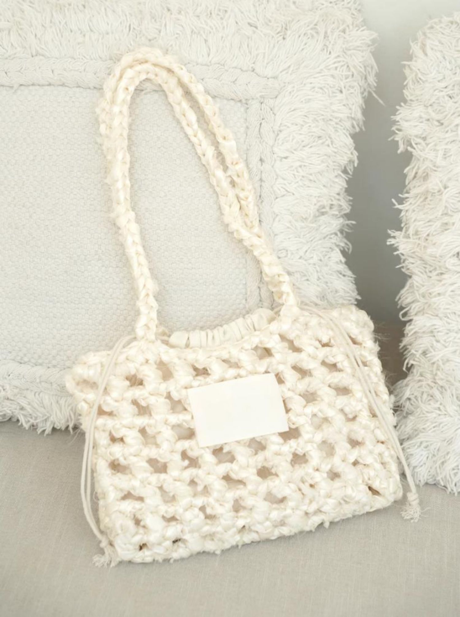 Hand Mixed Thread Hollow Ribbon Bag DIY Material Bag One Shoulder Knitting Crocheted Handmade Gift Beige Original-HOOKSTH