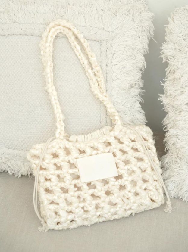 Hand Mixed Thread Hollow Ribbon Bag DIY Material Bag One Shoulder Knitting Crocheted Handmade Gift Beige Original-HOOKSTH