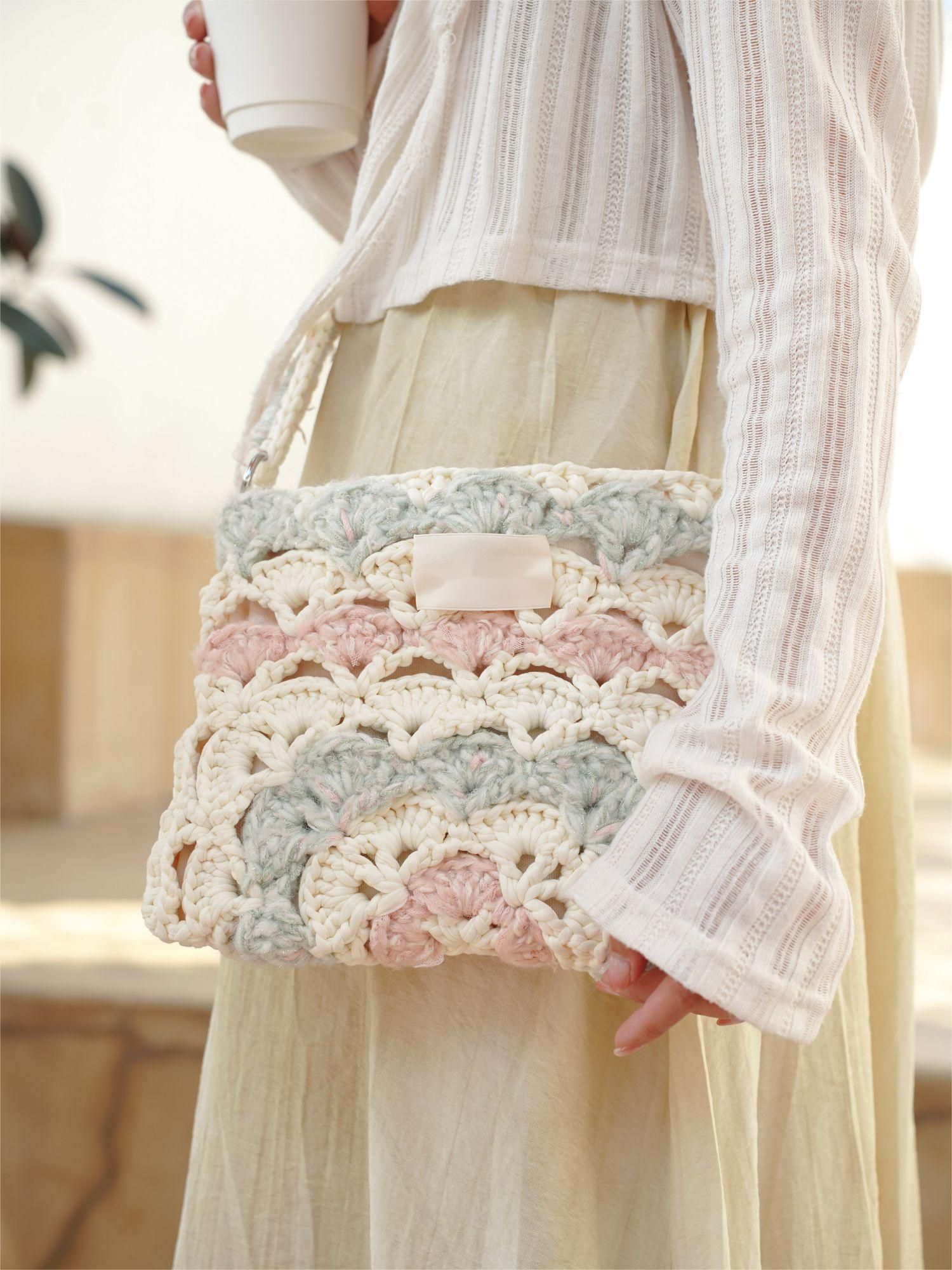 Hand mixed yarn cotton bag DIY material bag crossbody shoulder crochet handmade gift pink and blue original-HOOKSTH