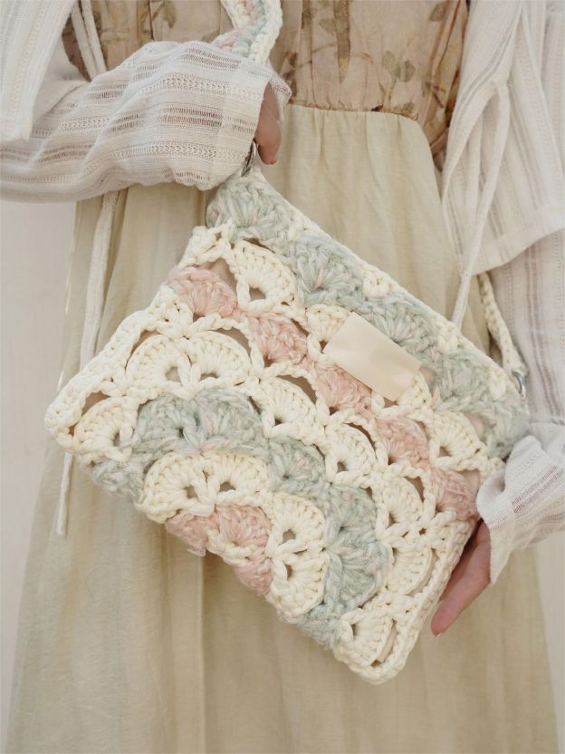 Hand mixed yarn cotton bag DIY material bag crossbody shoulder crochet handmade gift pink and blue original-HOOKSTH