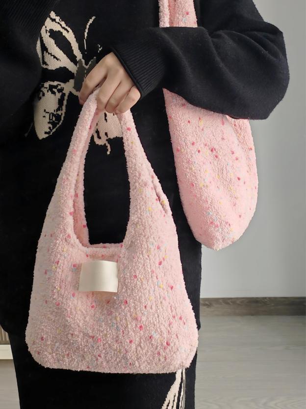 Hand mixed thread sesame bag, pink DIY material bag, shoulder woven handmade gift, give original-HOOKSTH
