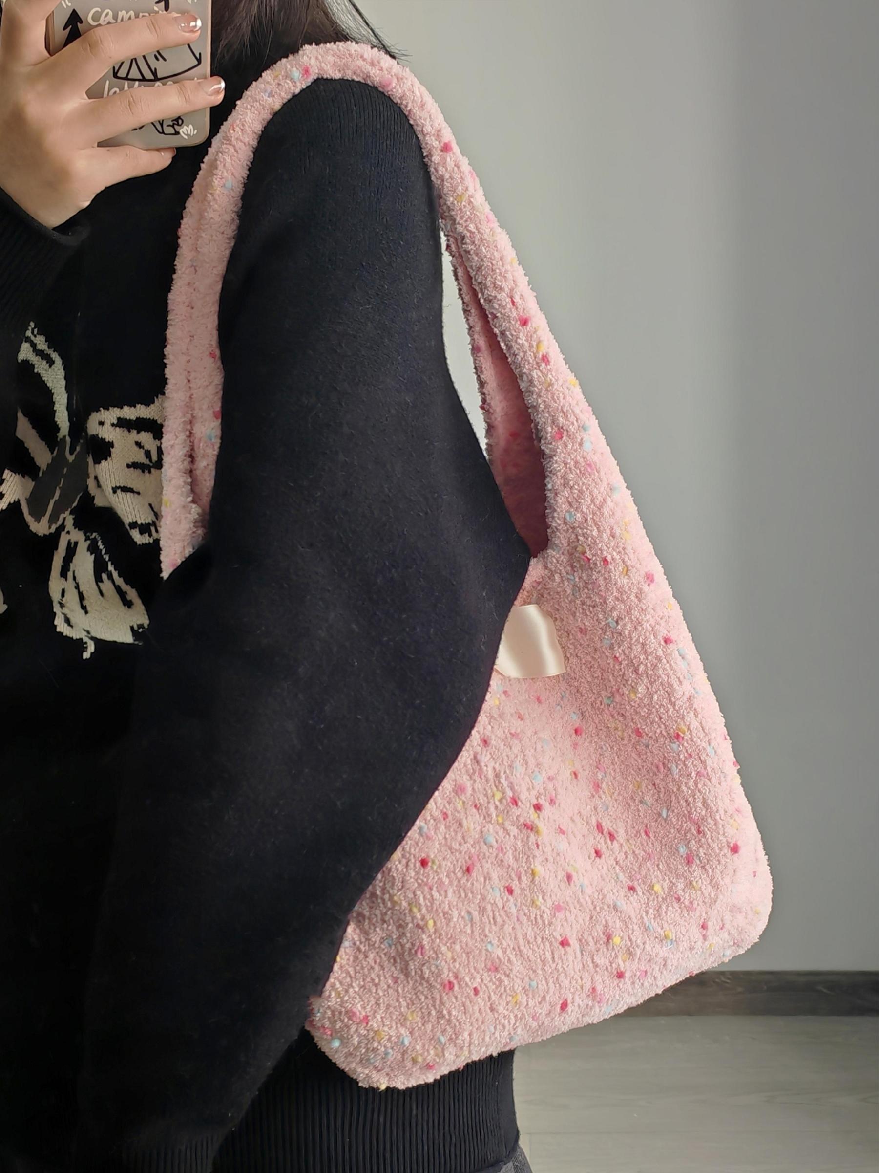 Hand mixed thread sesame bag, pink DIY material bag, shoulder woven handmade gift, give original-HOOKSTH