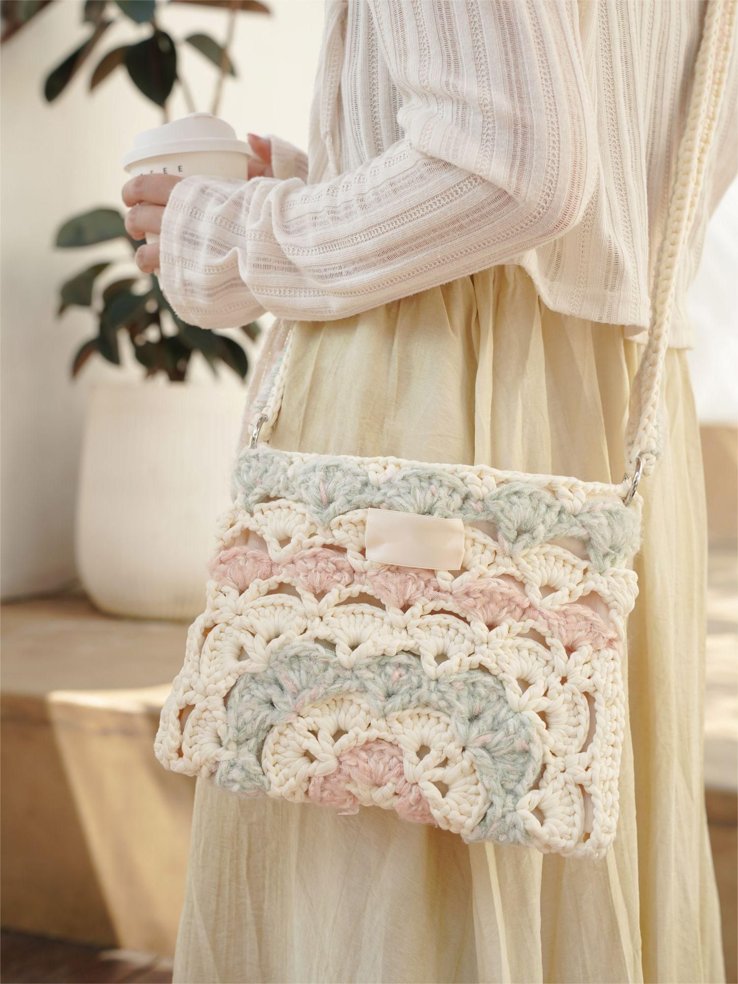 Hand mixed yarn cotton bag DIY material bag crossbody shoulder crochet handmade gift pink and blue original-HOOKSTH