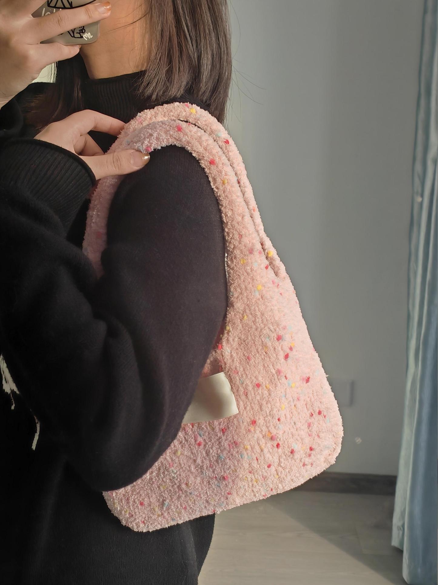 Hand mixed thread sesame bag, pink DIY material bag, shoulder woven handmade gift, give original-HOOKSTH