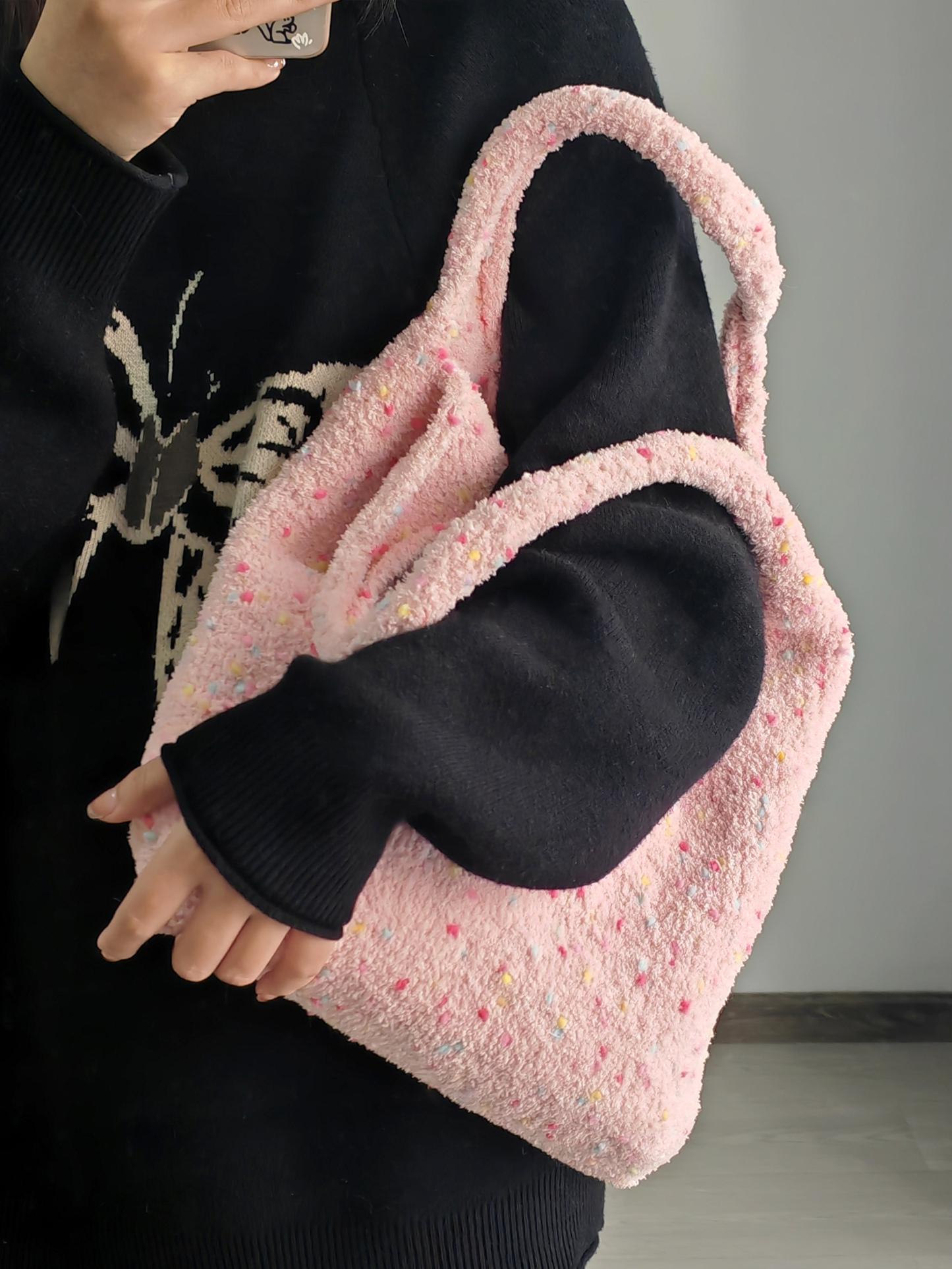Hand mixed thread sesame bag, pink DIY material bag, shoulder woven handmade gift, give original-HOOKSTH