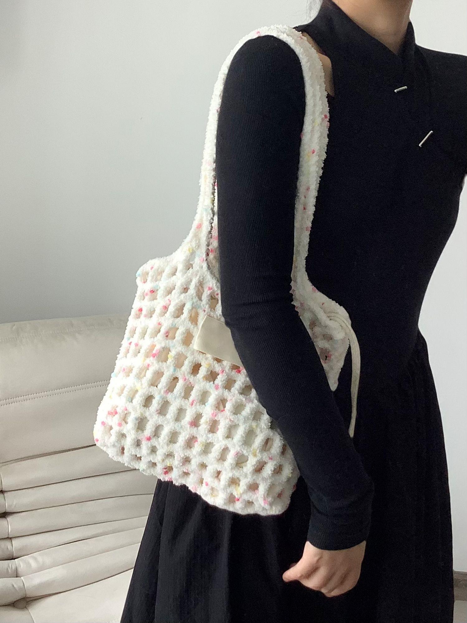 Hand Mixed Thread Hollow Jelly Bean Bag DIY Material Bag Handheld Shoulder Bag Crocheted Handmade Gift Dopamine Color-HOOKSTH