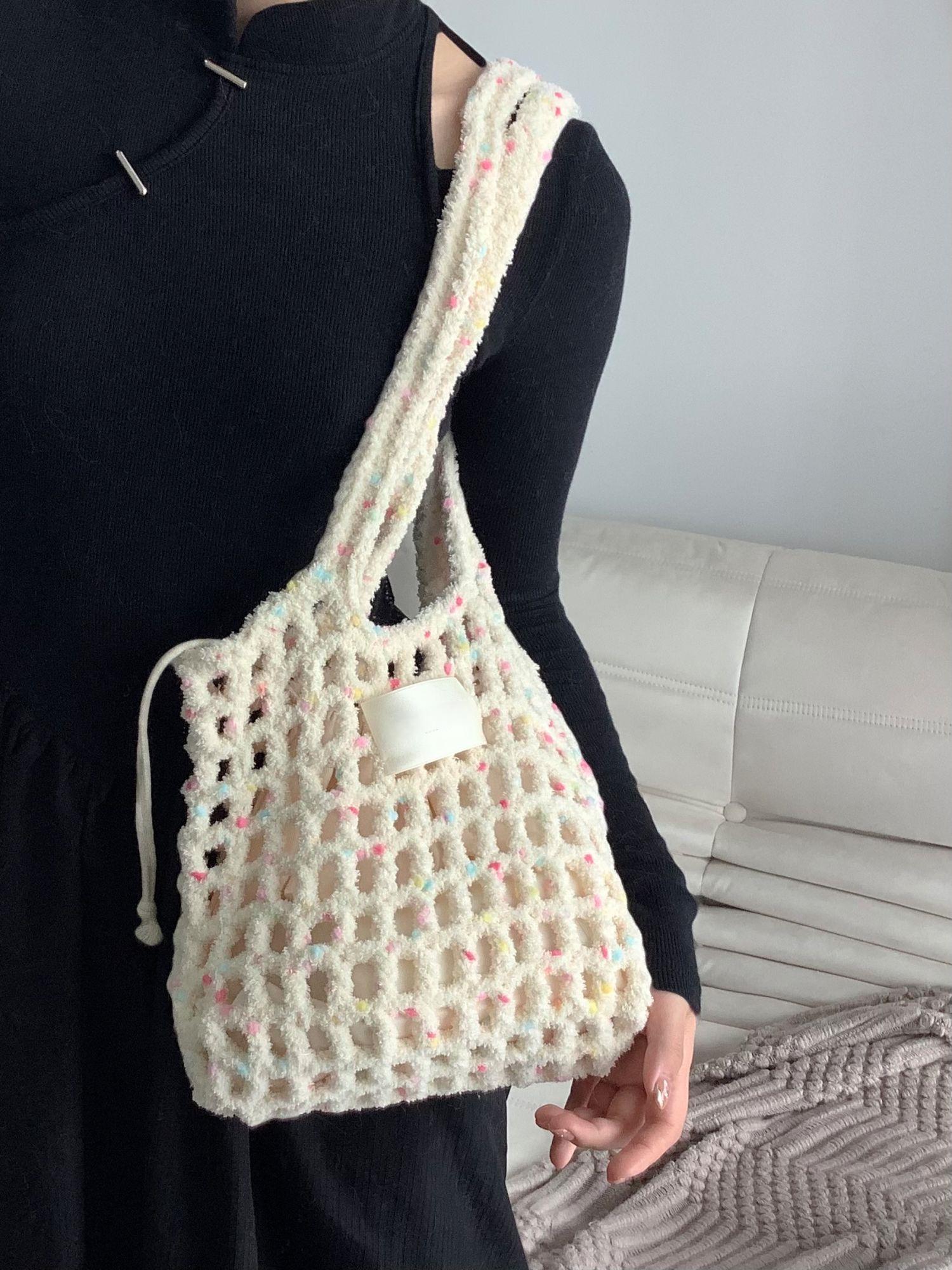 Hand Mixed Thread Hollow Jelly Bean Bag DIY Material Bag Handheld Shoulder Bag Crocheted Handmade Gift Dopamine Color-HOOKSTH