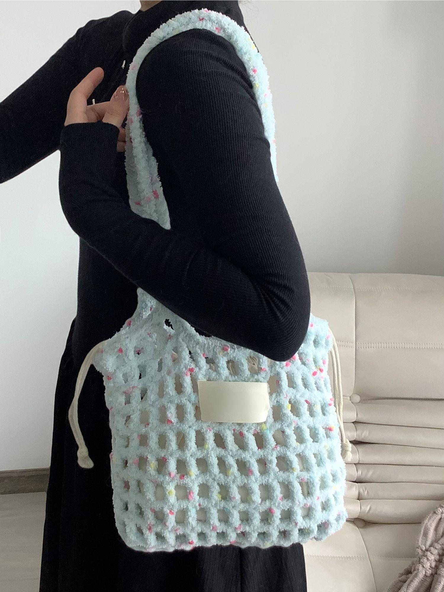 Hand Mixed Thread Hollow Jelly Bean Bag DIY Material Bag Handheld Shoulder Bag Crocheted Handmade Gift Dopamine Color-HOOKSTH