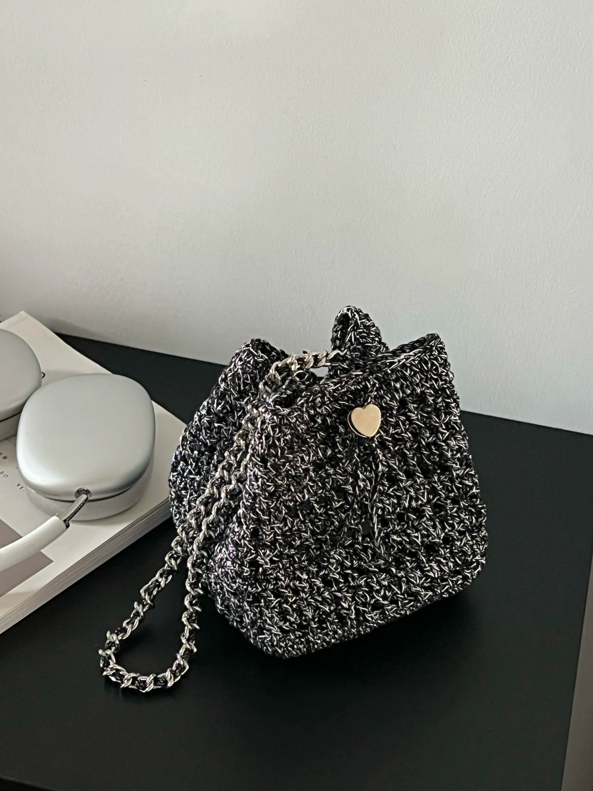  Handmade Crochet Chain Bag with Heart Button material kit