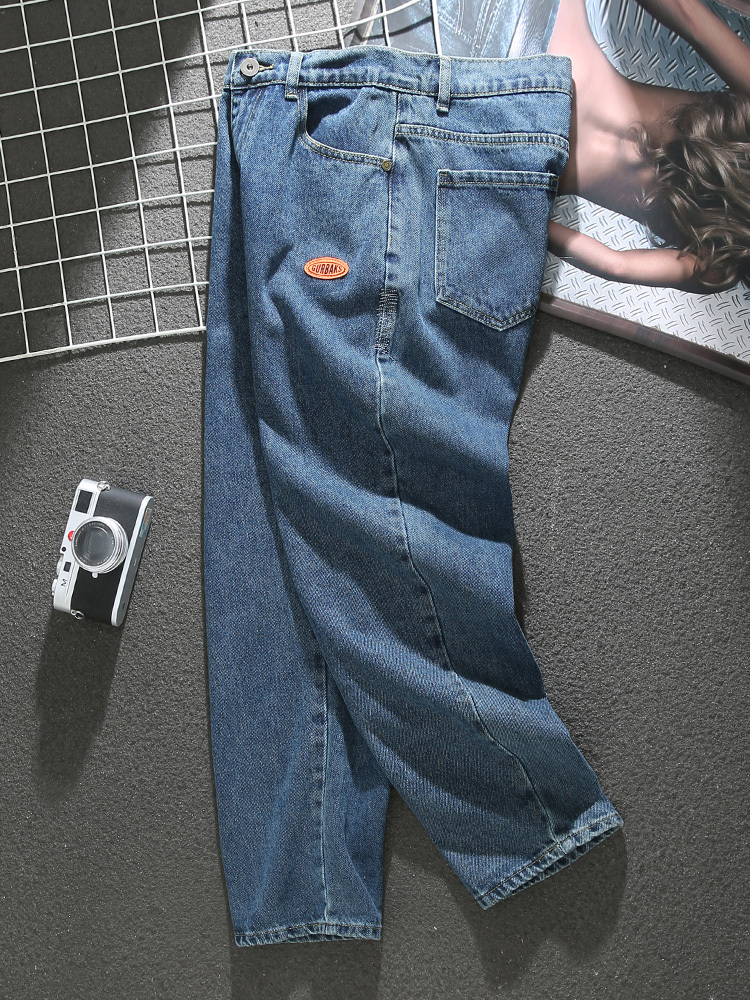 American blue jeans men's new spring trend high street loose large size straight pants distressed needle-stitched trousers