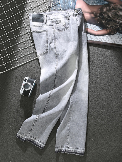 American distressed gray jeans for men in spring and summer new trendy loose straight leg washed trousers with raw edge splicing