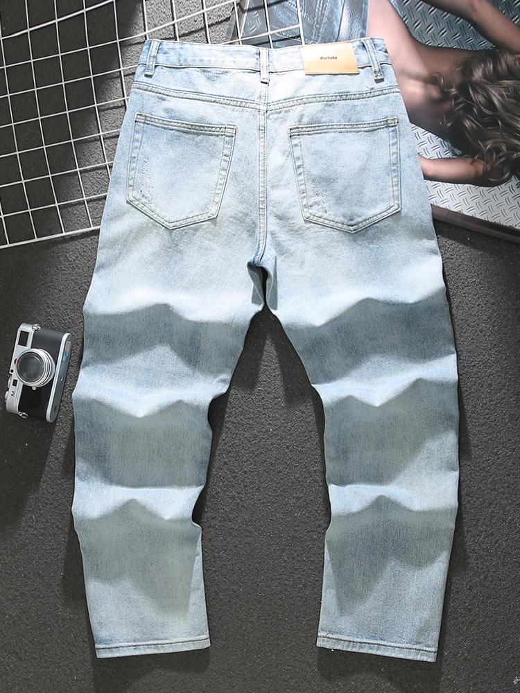 American washed distressed blue jeans for men 2023 new trendy cat scratched loose straight pants