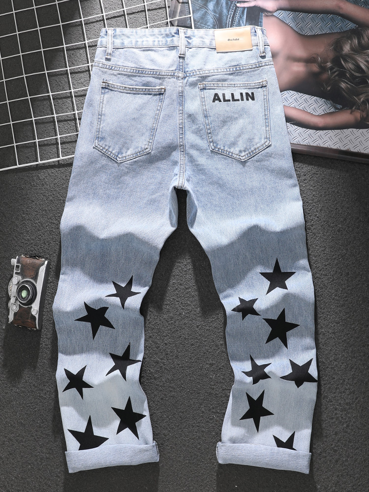 American distressed jeans for men 2023 spring and summer trendy star printed loose straight trousers blue versatile