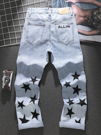 American distressed jeans for men 2023 spring and summer trendy star printed loose straight trousers blue versatile