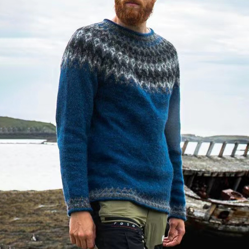 Maglione jacquard blu casual con grafica Fair Isle surf
