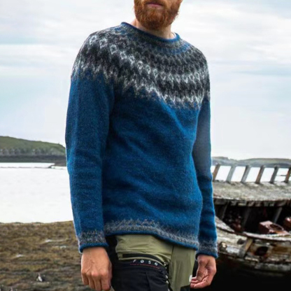 Maglione jacquard blu casual con grafica Fair Isle surf