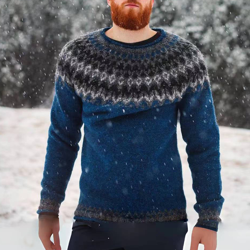 Maglione jacquard blu casual con grafica Fair Isle surf