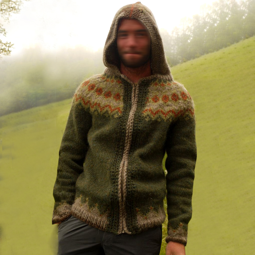 Waldgr��ner islndischer Jacquard-Kapuzenpullover mit Reiverschluss